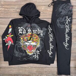 Ed Hardy Mens Sweatsuit SiEW 2XL Black Tiger Love Kills Slowly 2pc Set NWT